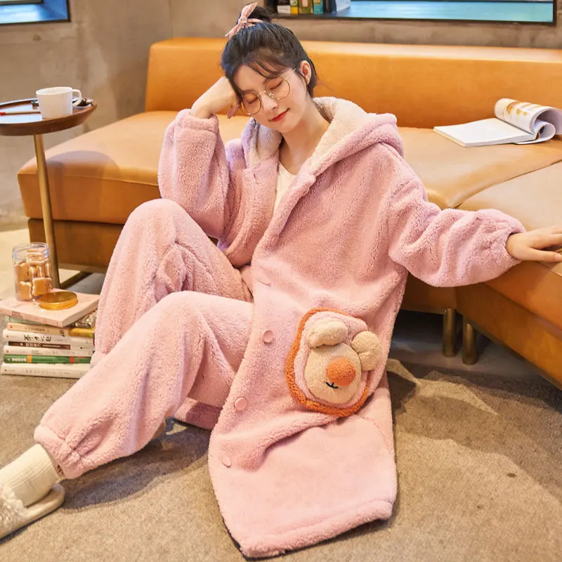 Thicker Women's Pajamas Warm Sweet Hooded Nightgown Winter Flannel Kawaii Home Clothes Female Cute Soft Chic Robes 2XL Pajamas