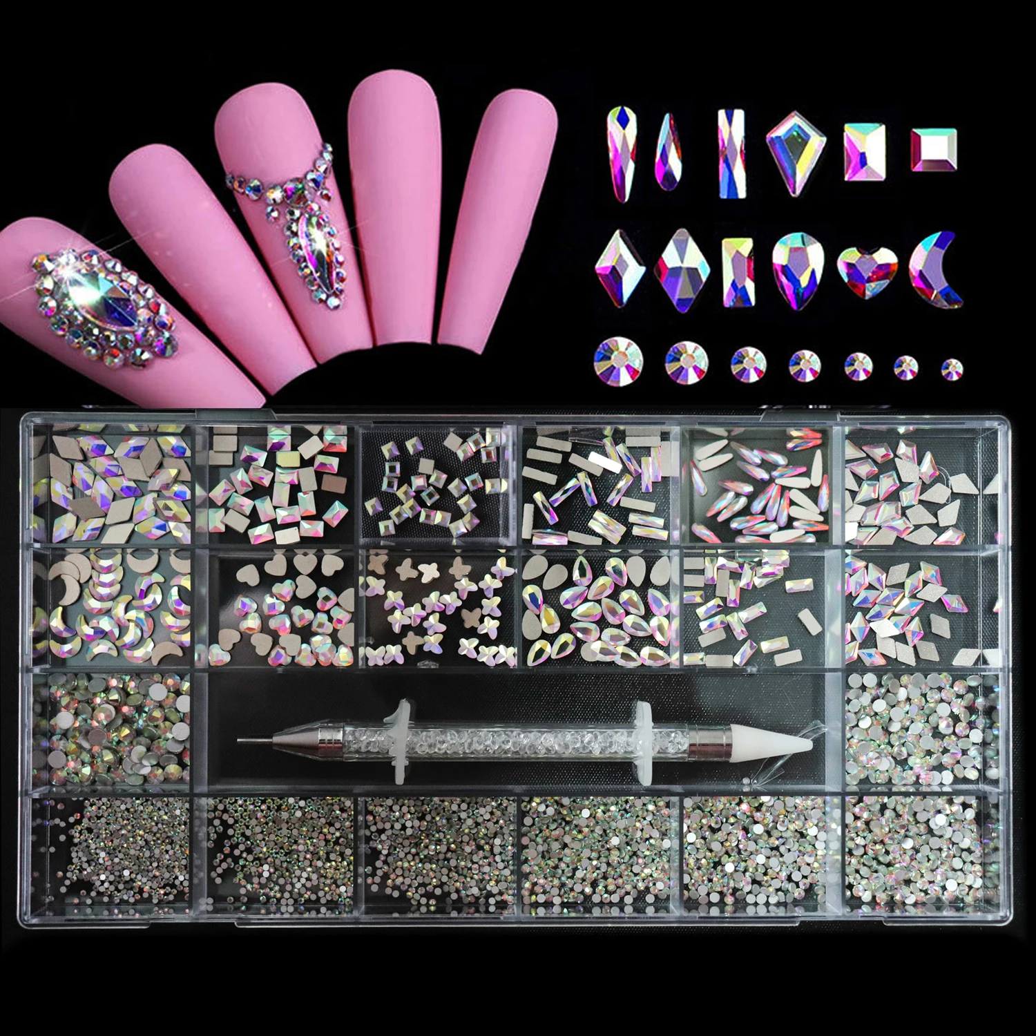 

2500pcs AB Glass Crystal Diamond Flat Rhinestone Nail Art Decoration 21 Grid Box Nails Accessories Set With 1 Pick Up Pen
