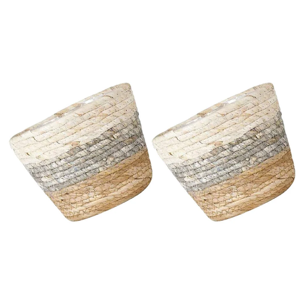 

2 Pcs Small Pots Indoor Cover Decorative Flower Baskets Woven Planters Wicker Desktop Weaving Grass Bride