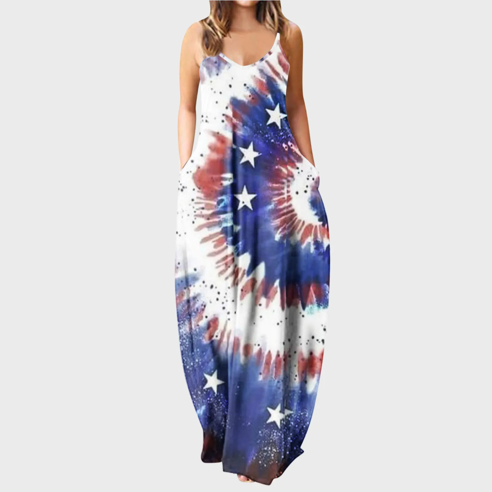 

Ladies Summer Casual Loose Independence Day Print Sling Sleeveless Long Dress Women Dress