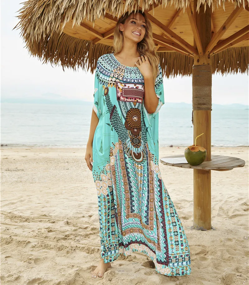 

Boho Printed Long Kaftan Women Summer Clothes Sexy Short Sleeve Maxi Dress Beach Wear Swim Suit Cover Up
