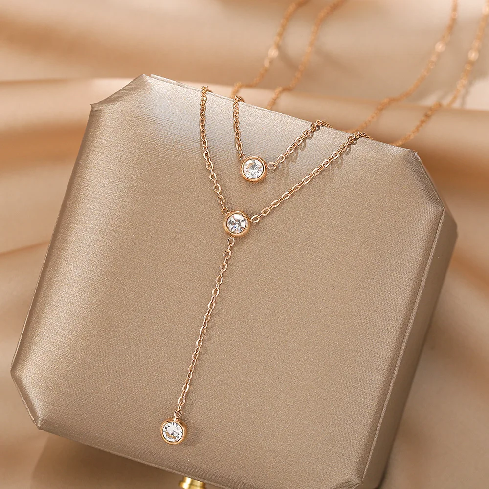 

Fashion Jewelry Stainless Steel Double Layer Women's Necklace with Three Diamonds