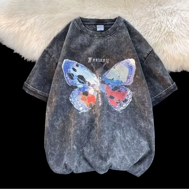 

Wash Do Old Butterfly Short Sleeve Men's Women's Retro High Street Loose T-shirt