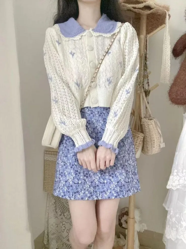 e przycięty sweter Ezgaga damski kwiaty Flare z długim rękawem znosić kołnierzyk Piotruś Pan słodki elegancki dziergany bluzki damskie