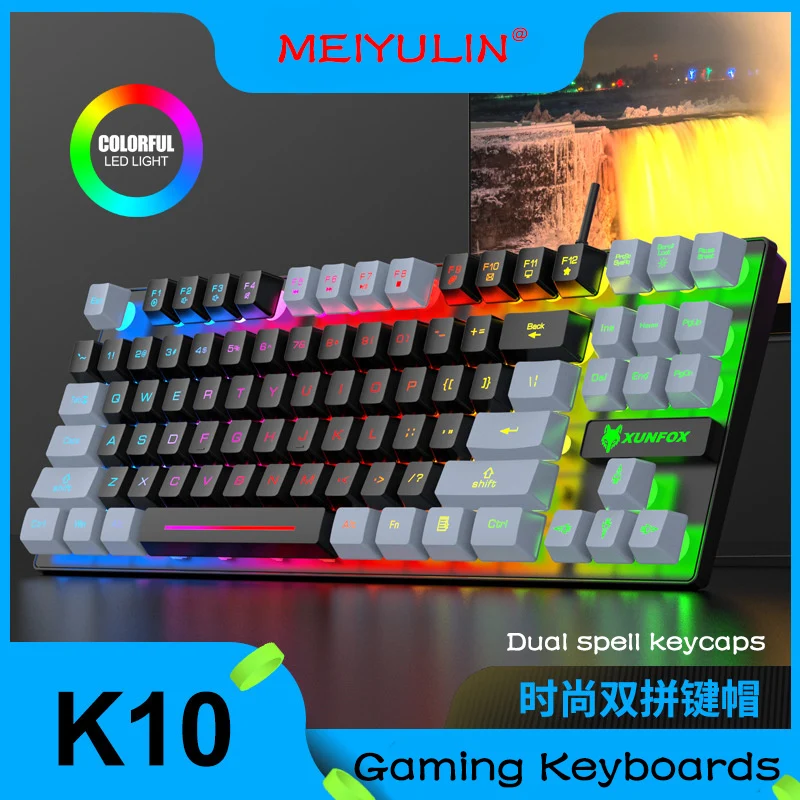 

K10 Keyboard Backlight Gaming Keyboard USB 87 Keys Wired Rainbow Backlit Two Colors Key Caps Magic Keycaps