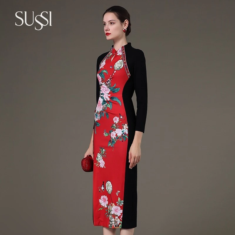 

China's very high-end classical print winter new wedding mother dress front slit wool cheongsam dress