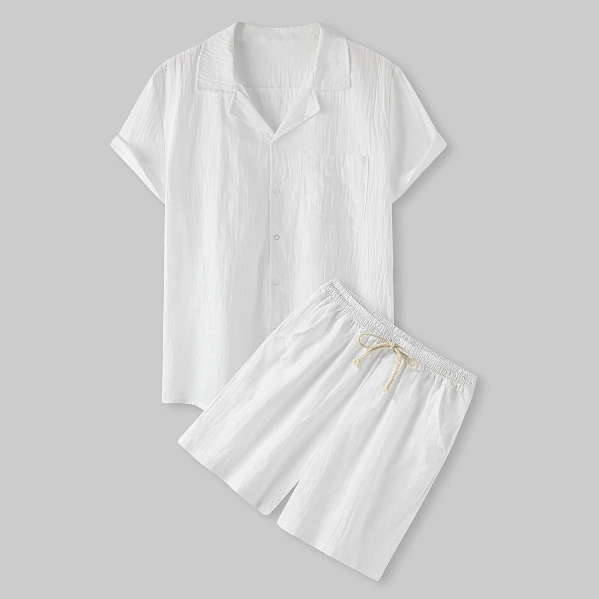 New Summer 2023 Men's Solid Short Sleeve Shorts Fashion Shirt Set Cotton Hemp Casual Loose Oversized Short Sleeve Top