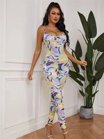 ingrily hot fashion jumpsuits women multi color printing spaghetti strap body shaping overall high waist female streetwear