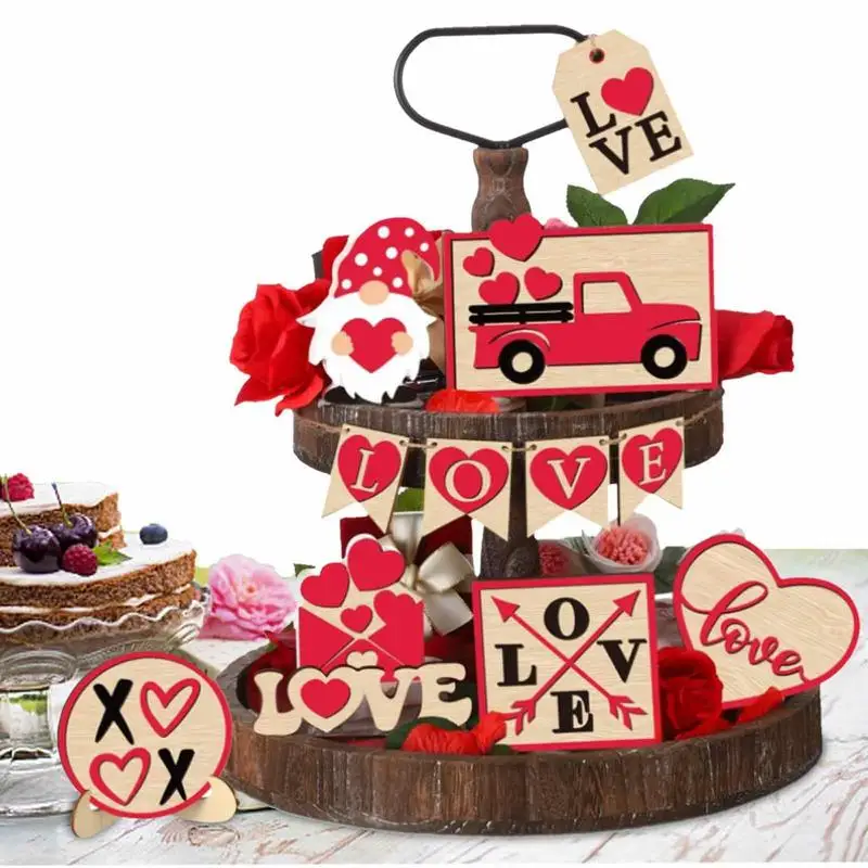 

Valentines Tiered Tray Decor 12 Pieces Heart Wooden Tabletop Signs Table Centerpieces Tiered Tray Decor For Valentine's Day