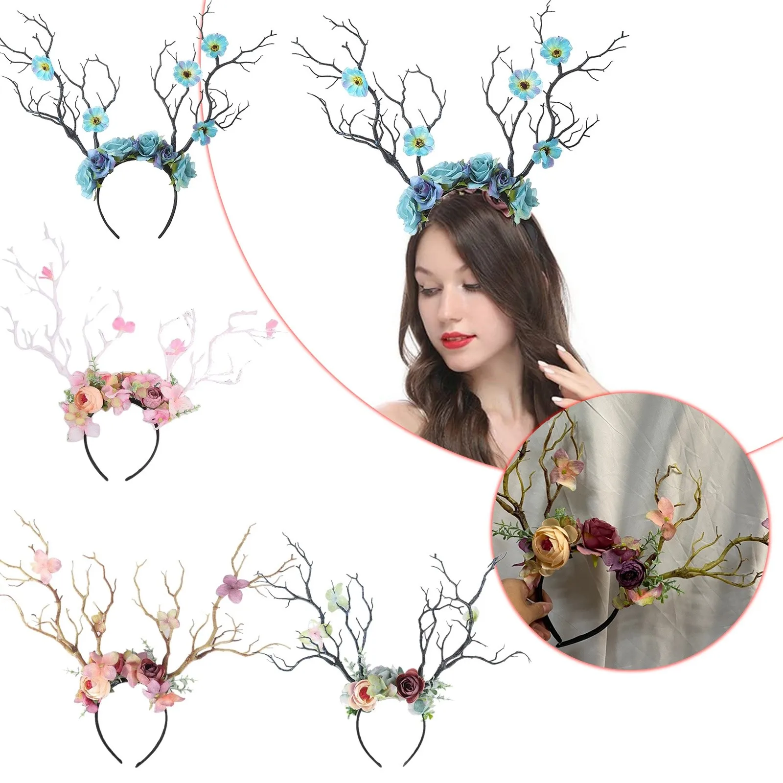 Gothic Deer Horns Branch Flower Twig Hair Band Headband Cosplay Fancy Head Dress Christmas Halloween Costume Hairband Photo