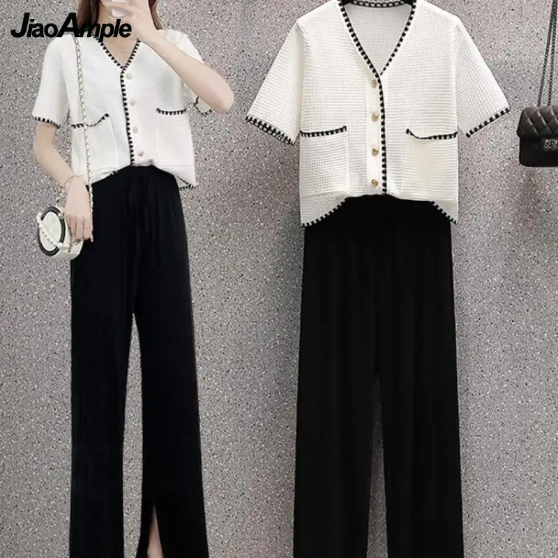 

Женский элегантный костюм из двух предметов, Офисная Повседневная футболка на пуговицах с V-образным вырезом и брюки с широкими штанинами, о...