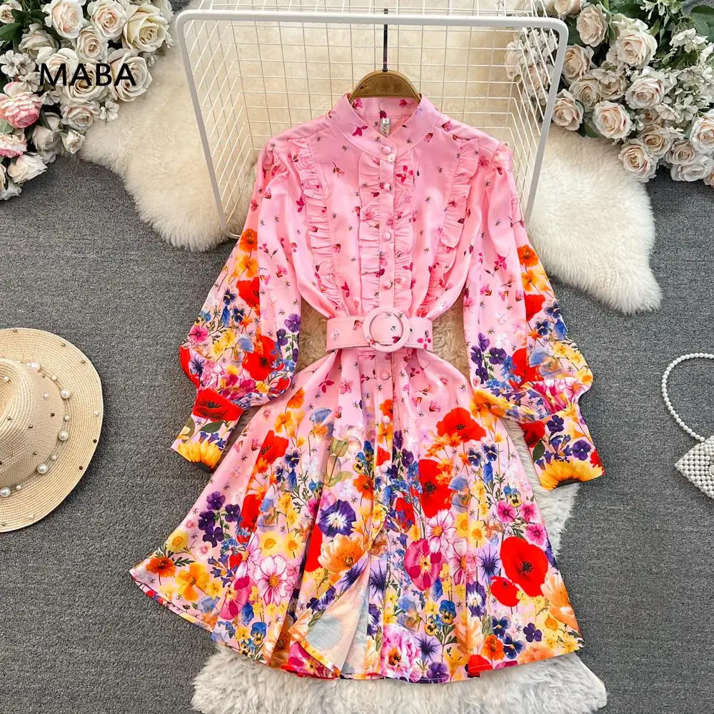 

Женское модельное платье-мини с воротником-стойкой, однобортное винтажное платье-трапеция с рукавами-фонариками, поясом и оборками, весна-осень