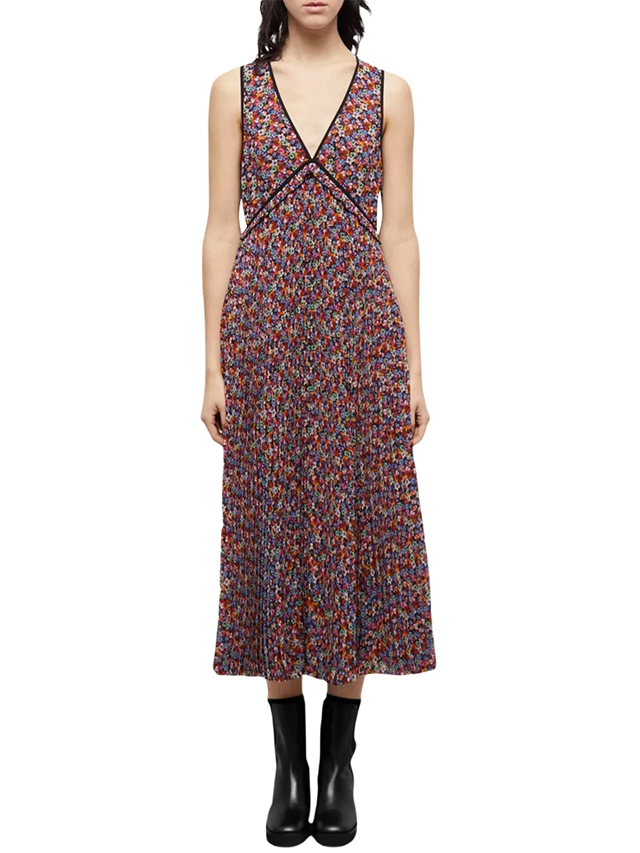 

Женское длинное венецианское платье без рукавов с V-образным вырезом и цветочным принтом