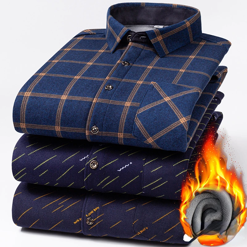 

2022 Autumn and Winter Men's Fleece Plus Velvet Thick Warm Shirt New Middle-aged Plaid Top Male Loose Brand Shirts