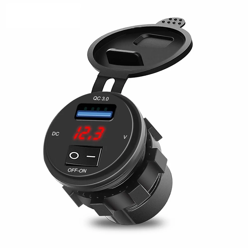 

Quick Charge 3.0 USB Car Charger Socket Digital Display Voltmeter USB Charger Socket With ON-OFF Switch For Motorcycle