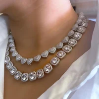 bling luxury paved crystal heart cuban link chain necklace for women hip hop iced out round square tennis chain choker jewelry