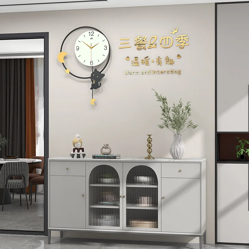 Современные модные настенные часы с маятником в форме кошки декоративные для