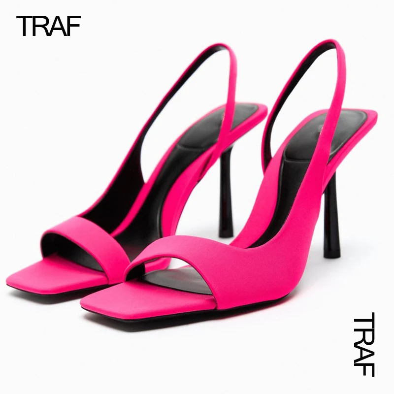 

TRAF 2023 Women's High heels Sandals Summer Elegant Square toe Stiletto Heeled Sandals Women Transparent Black Woman Pumps