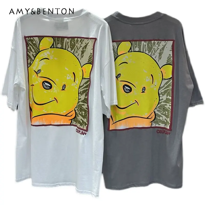 

Oversize Cartoon Mid-Length T-shirt Short Sleeve Women's 2023 Summer Pullover Loose Leisure All-Matching Anti-Aging Top Thin Tee