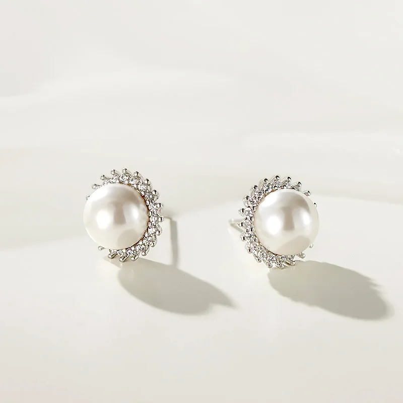 

Sterling Silver Ear Studs Women 925 Silver Diamond Pearl Earrings 10mm High grade Women's Sweet Simple Earhole Versatile