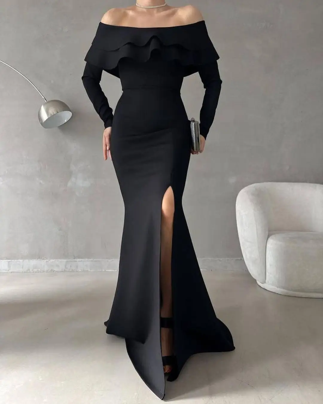 

Sapmae Off-the-shoulder Sheath Floor-length Vent Zipper Up Full Sleeve Black Elegant Prom Formal Evenning Party Dress For Women