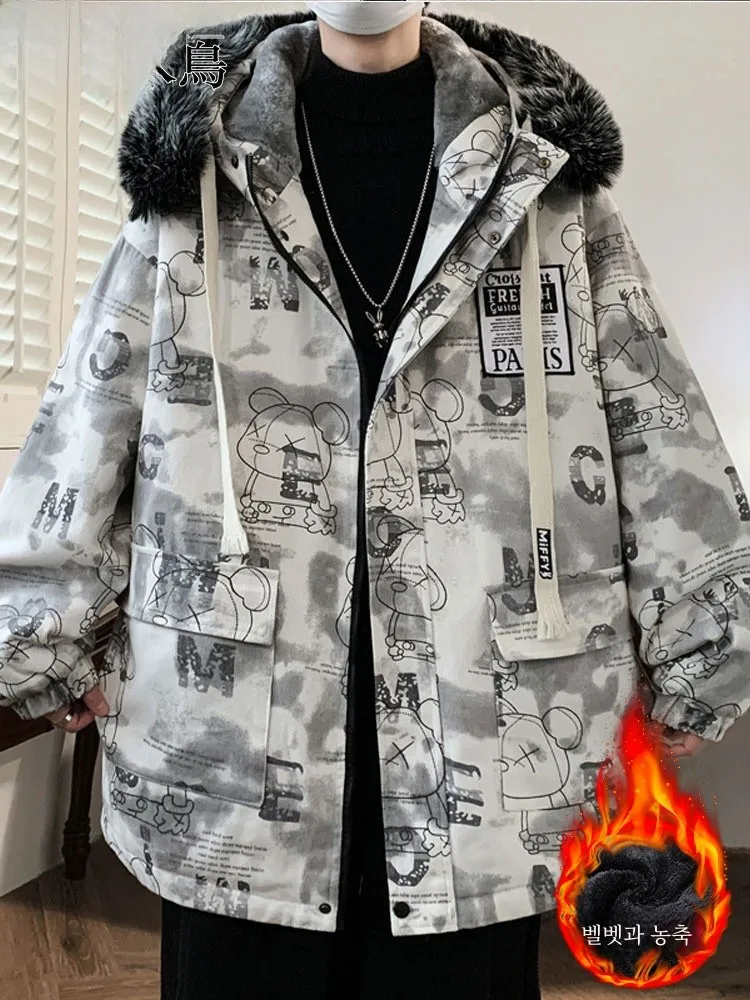 Woodpecker Fleece-lined Hood Cotton-Padded Coat for Men Autumn and Winter New Warm Comfortable Fashion Trendy Young Stude...