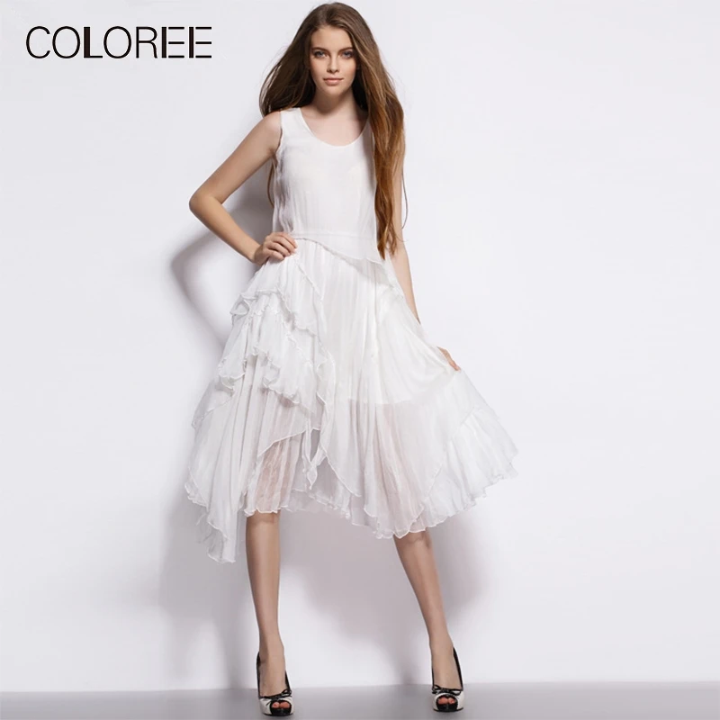 Elegant White Midi Dress Womens 2023 Summer Casual Style 100% Pure Silk Dress Women Bohemian Vacation Beach Vestidos
