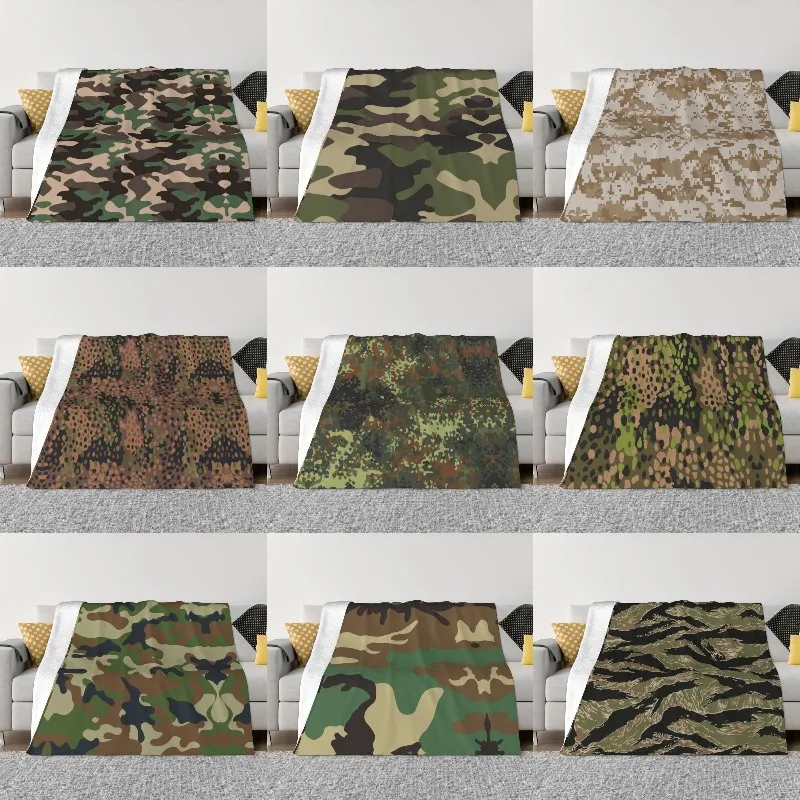 

Flecktarn Camo Sofa Fleece Throw Blanket Warm Flannel Military Army Camouflage Blankets for Bedroom Home Couch Quilt