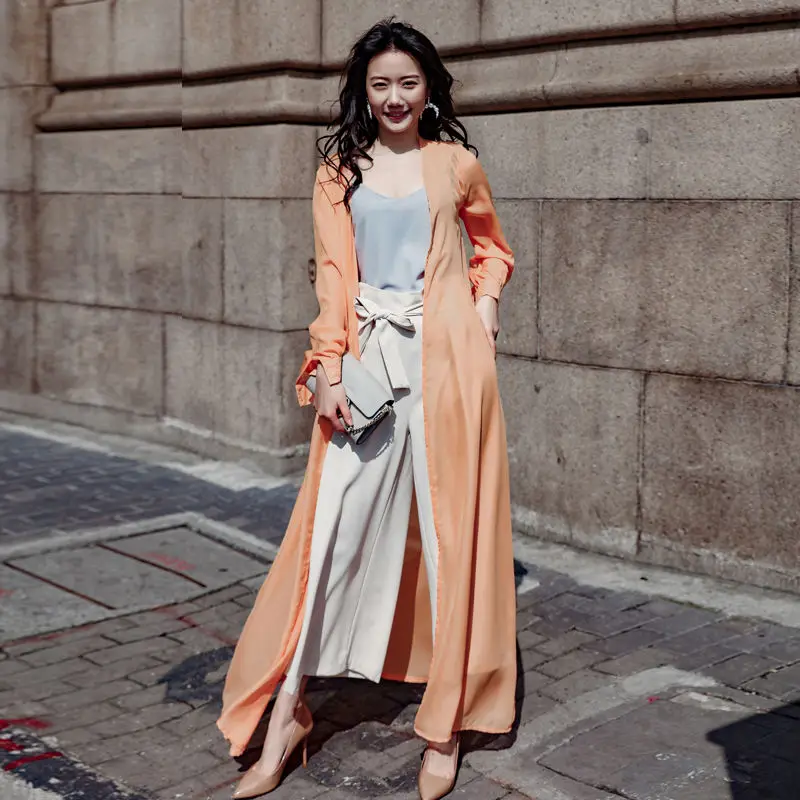 Geskeey Extra Long Chiffon Sweater Cardigan Capes Over Women's Summer Sunscreen New Europe Style Hot Sale |