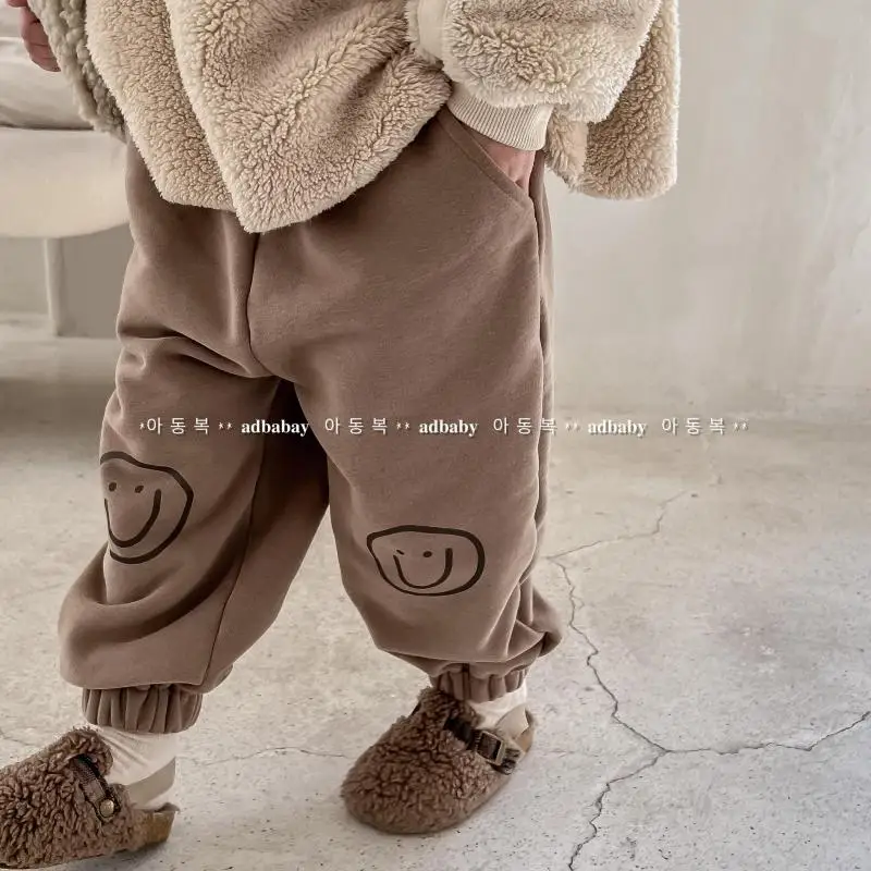 

2022 New Children Fleece Trousers Cute Smiley Print Baby Warm Pants Thicken Boys Girls Harem Pants Cotton Kids Casual Pants