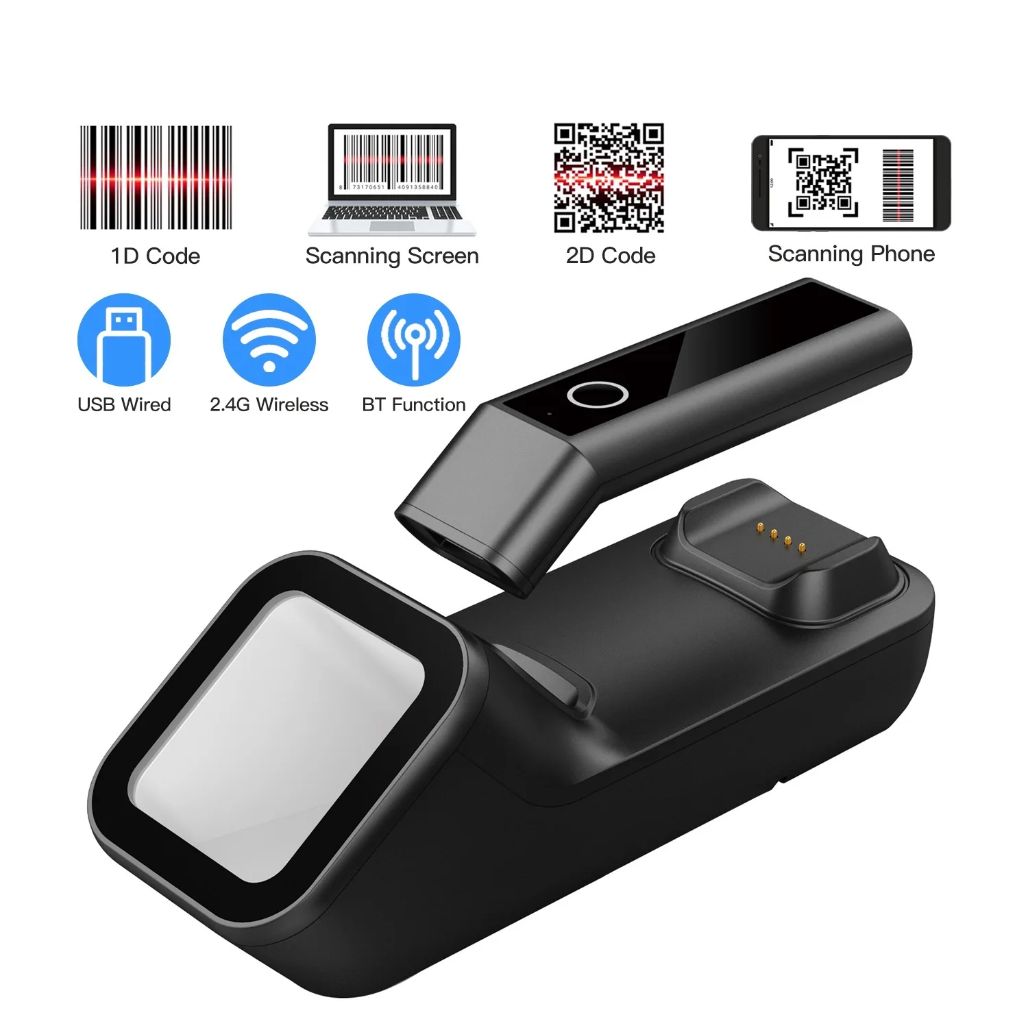 

. 3-in-1 Barcode Scanner Handheld 1D/2D/QR Bar Code Reader BT&2.4G Wireless&USB Wired Connection with