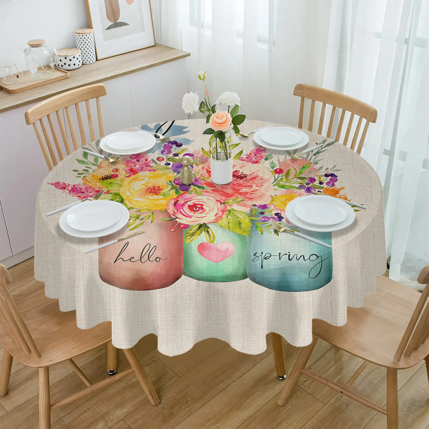

Spring Flowers Vase Watercolor Round Tablecloth Waterproof Table Cover for Wedding Party Decoration Dining Table Cover