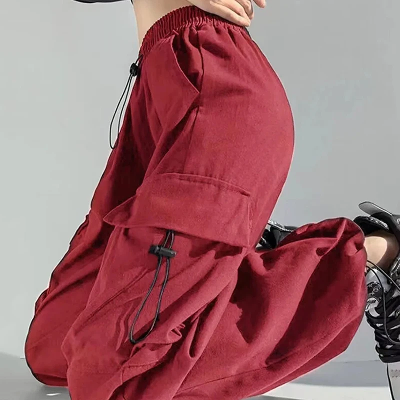 

Y2K Women Streetwear Wide Leg Cargo Pants Big Pockets Drawstring Baggy Pants Woman Straight Elastic Waist Trousers Female