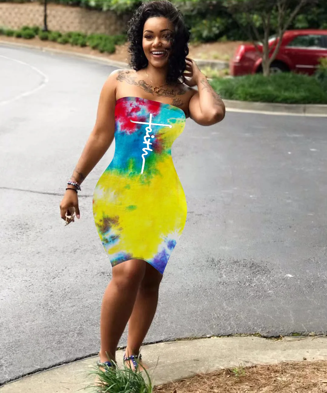 

2022 Hot Recommend Style Colorful Print Sheath Knee Length Dresses For Women Party Night Club Sheath Elegant Dress