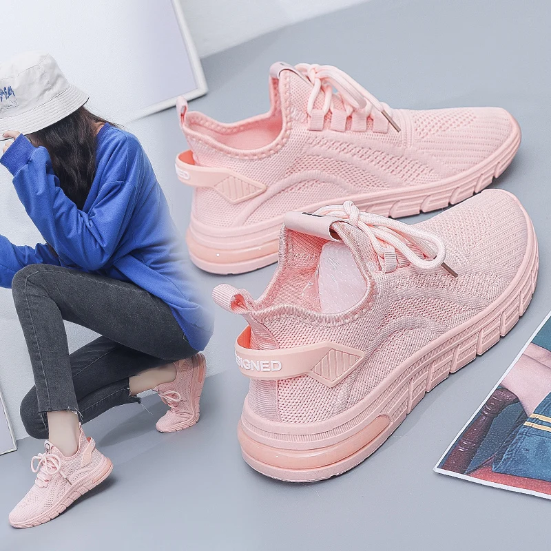 2023 Spring New Women's Shoes Sports Shoes Korean Version of Flying Woven Casual Shoes Pure Color Breathable Mesh Women's Shoes