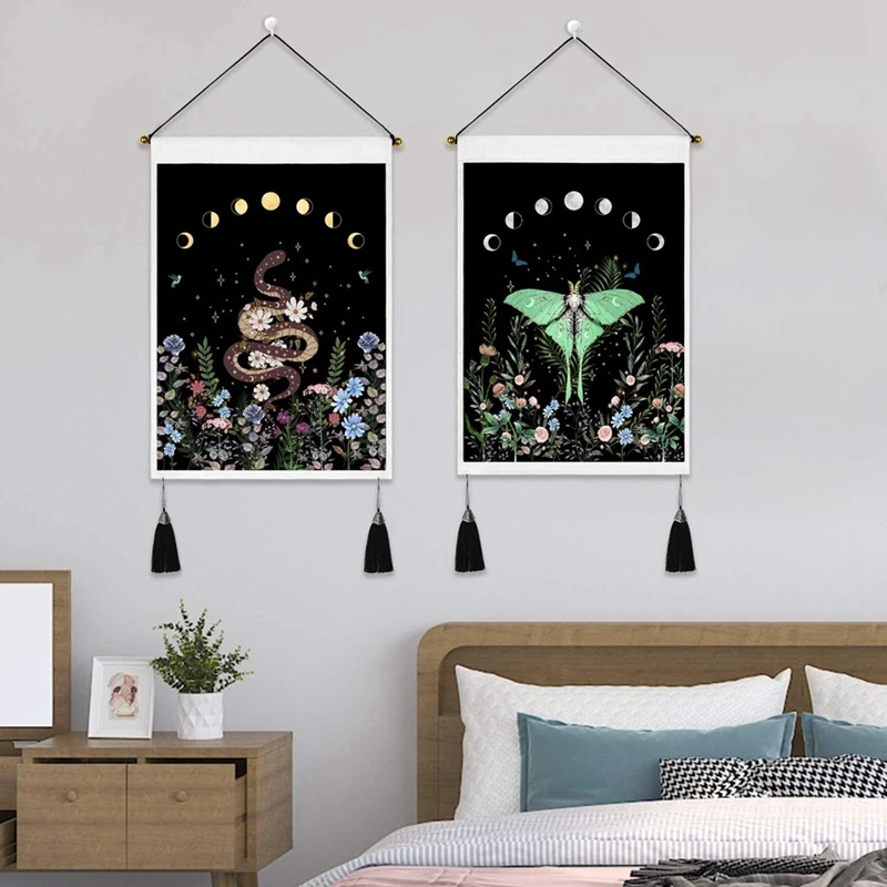 Pack Of 2 Moon Phase Tapestry Flower Floral Moth Snake Black Background Wall Hanging