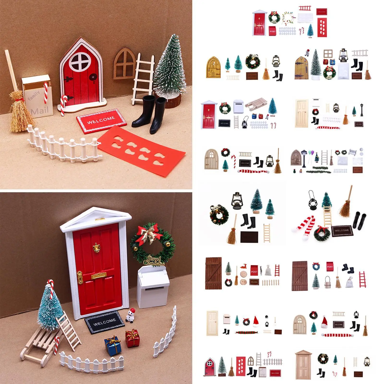 

13Pcs DollHouse Elf Door Christmas Decor Fake Light String Hat Wreath Mini Tree Gift Boxes Fairy Toyhouse Miniature Scene Model
