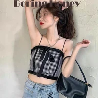 boring honey tank crop tops womens clothes for summer bowknot chequer base shirt chic sleeveless retro be all match tops women