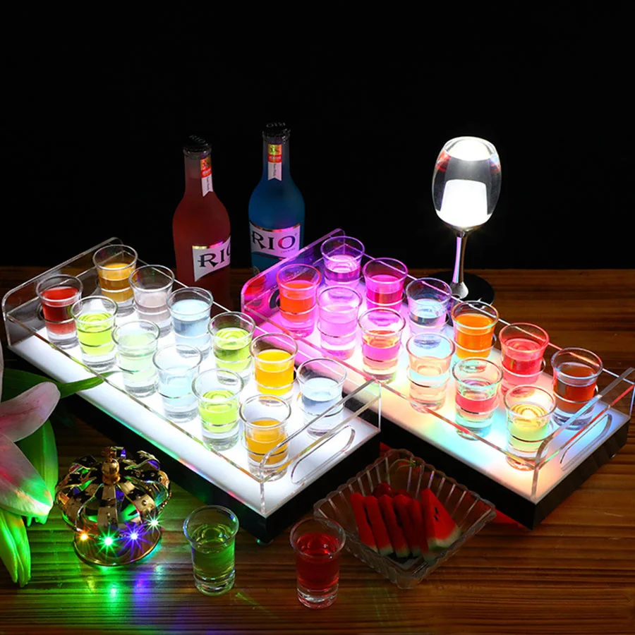 

RGB Rechargeable Acrylic Lighted 6 or 12 Glasses Rack Serving Holder Wine Glass Display Stand LED VIP Shot Glass Service Tray