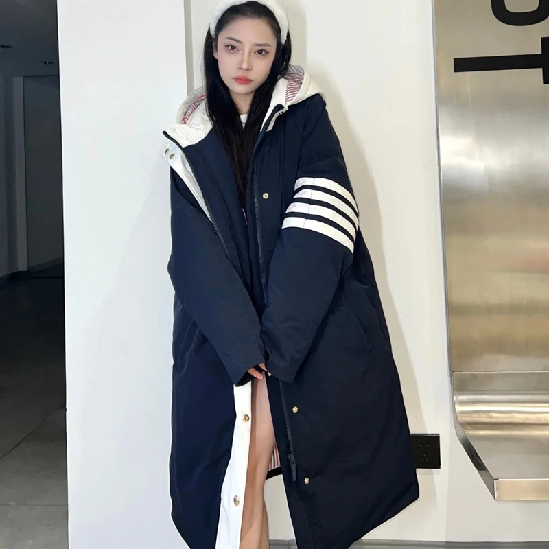 TB THOM Women's Jackets Winter Korean Fashion Brand Down Jackets 4-Bar Stripes Solid Hoodies Overcoats Thick Warm Long Coats