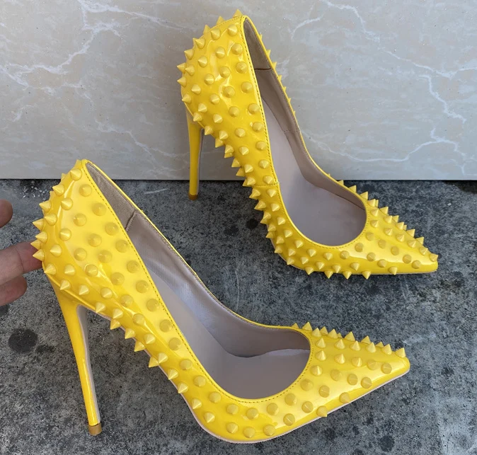 

Rivets design yellow leather 8cm 10cm 12cm stilettos heels party shoes work sexy wedding plus size pointed to lady Classic pumps