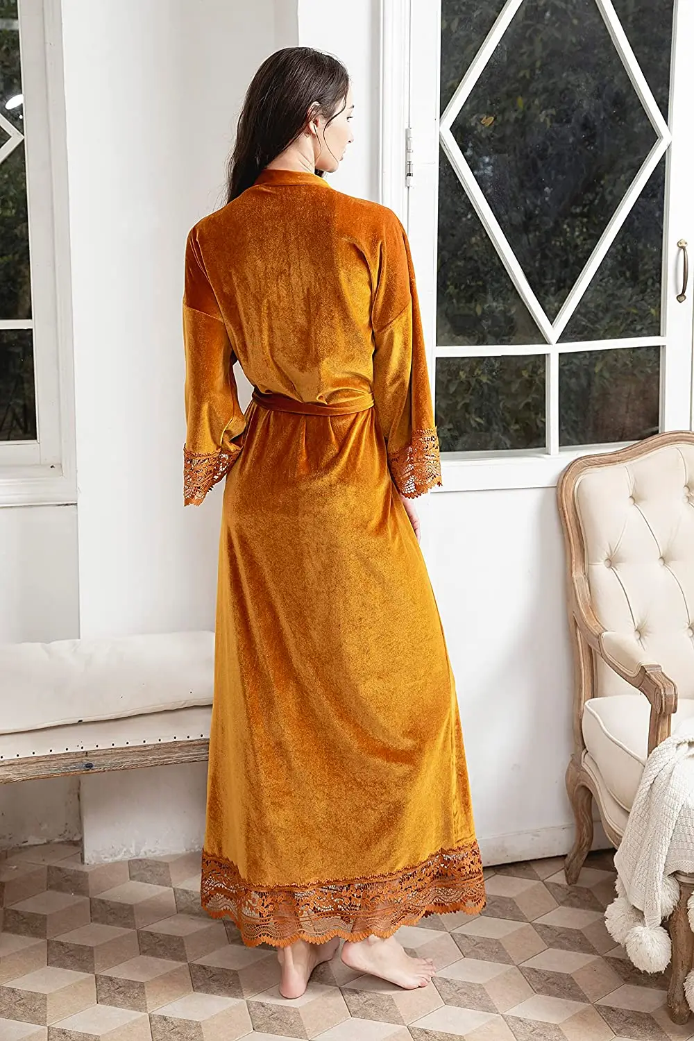 Long Solid Velvet Robe for Women Bridal Robe Bridesmaid Robes Lace Robe Velvet Kimono Robe Wedding Robe Black Velvet