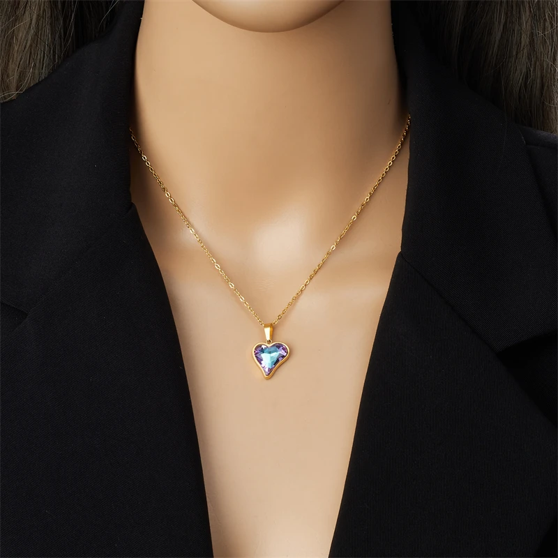 LAMENGLY нержавеющая сталь 316L цветные стразы сердце кулон ожерелье серьги женские