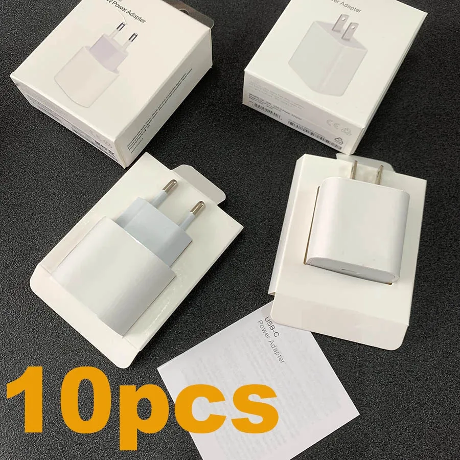 

Зарядное устройство PD 10 шт./лот 20 Вт для iPhone 13 pro max 12 11, адаптер USB C с оригинальной коробкой, вилка для ЕС, США, Великобритании