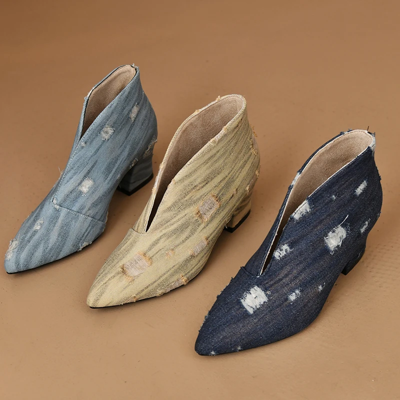 Женские джинсовые Ботинки на каблуке ковбойские ботильоны с острым носком