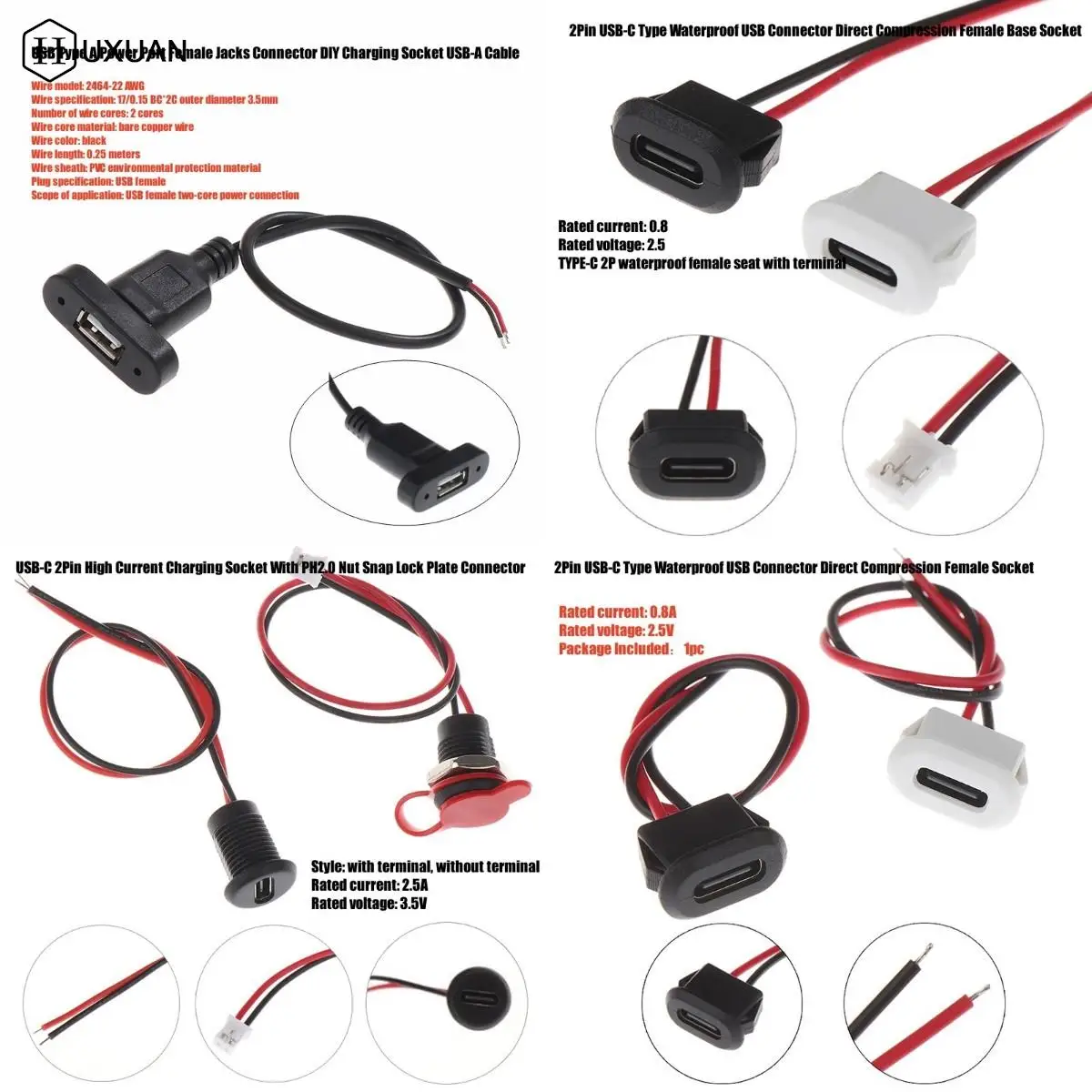 

Водонепроницаемый USB-разъем типа C, 2-контактный разъем с гнездом прямого сжатия, зарядный интерфейс с проводом для сварки