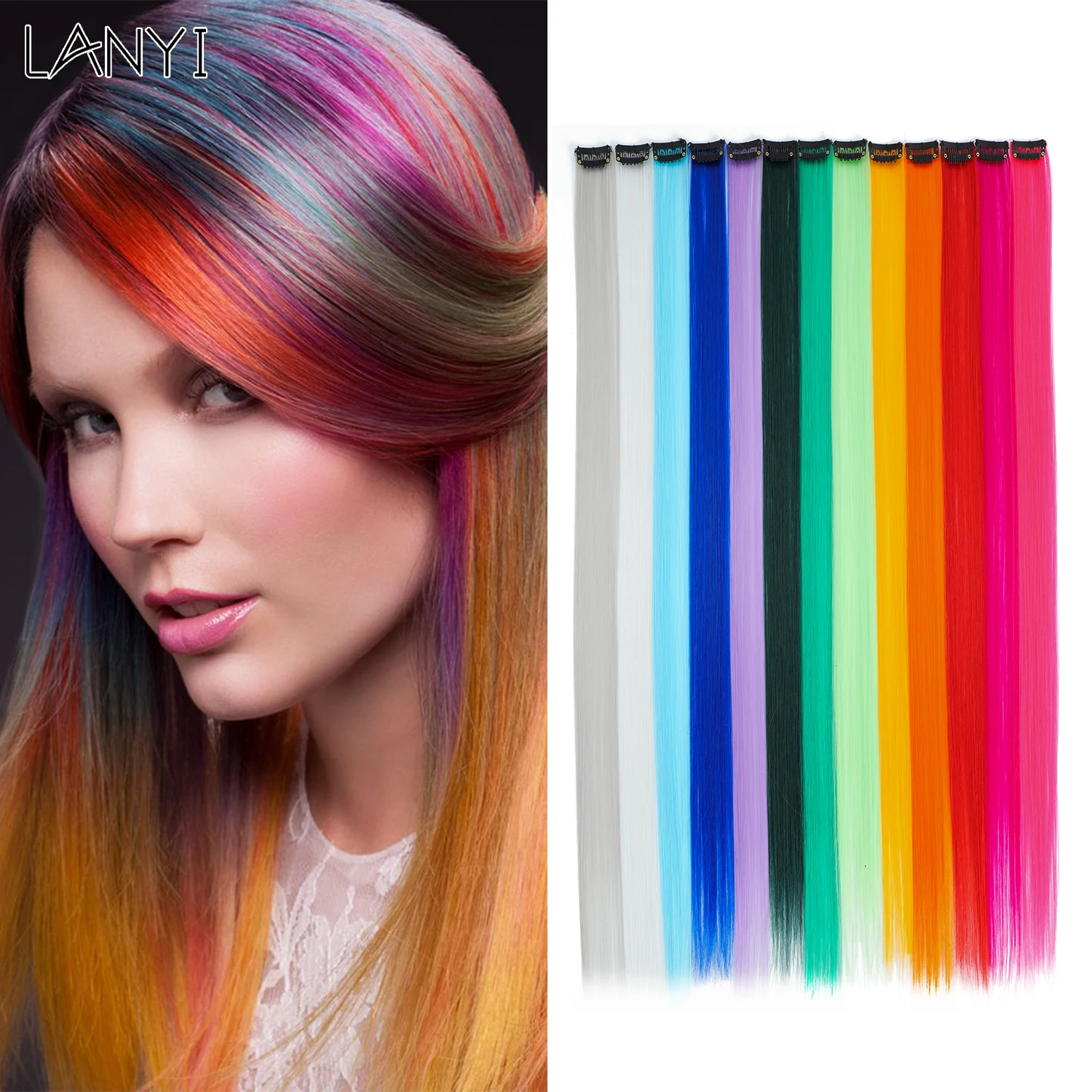 

Clip On Extension Hair Colorful Synthetic Long Straight Women High Temperature Clip In Hair Extensions Hairpiece 13 Color 20Inch