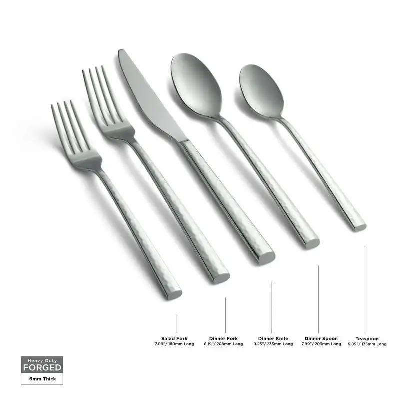 

Use Fantastic 20-Piece Forged 18/0 Stainless Steel Mirror Flatware Set with Fashionable Hammered Style - Great for Kitchen Table