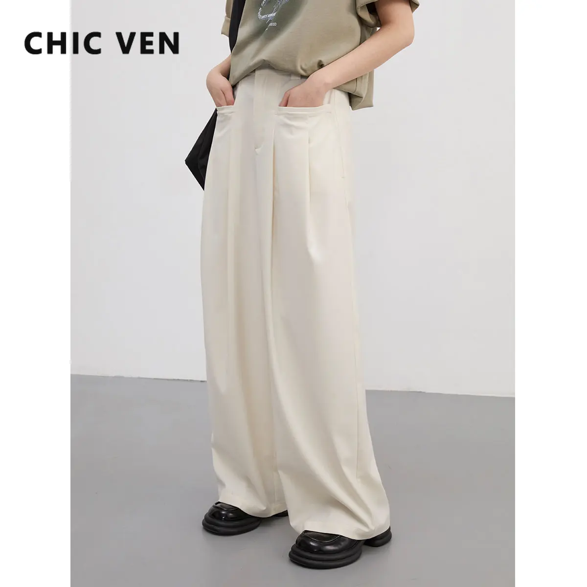 

CHIC VEN Women's Pants New Casual Drop High Waist Double Pleated Wide Leg Suit Office Ladies Trousers Fashion 2023 Summer