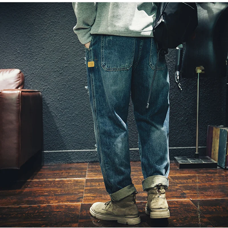 Streetwear Men 2022 New Pasting Cloth Ripped Jeans Loose Recreational Straight Cylinder Blue Temperament Trousers Autumn Female